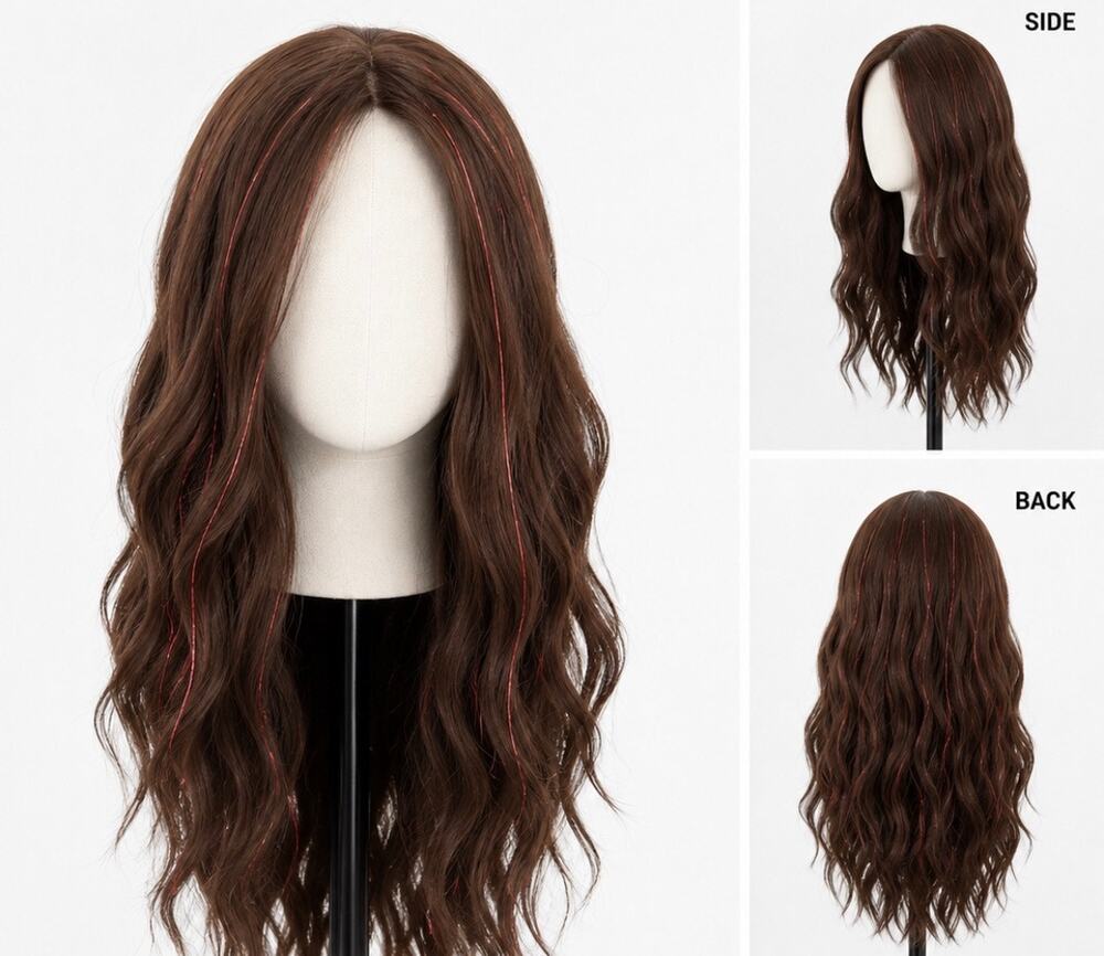Medium Brown Wavy Wig with Red Tinsel Highlights – Heat Friendly Synthetic Wig